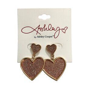 Ashley Cooper Heart-Shaped Gold-Tone & Pink Glitter Fashion Earrings